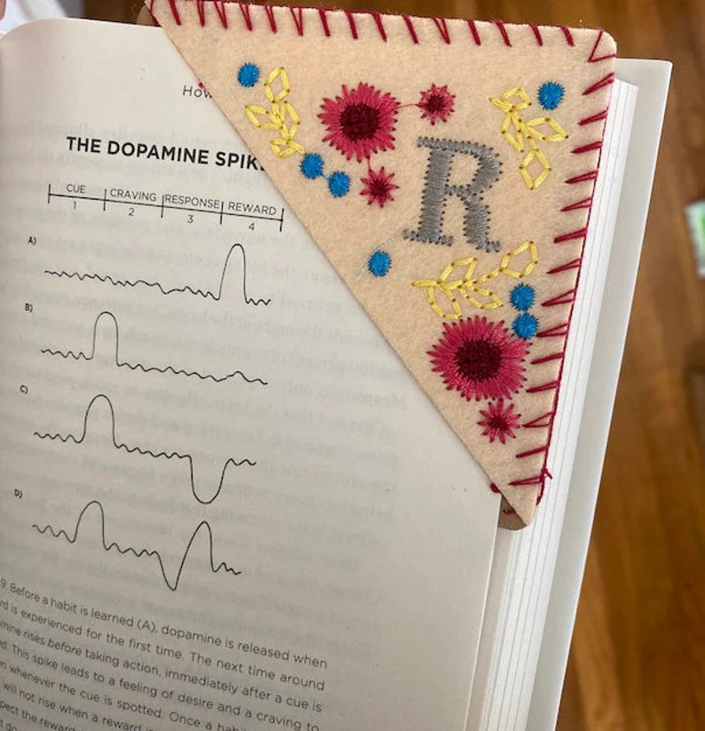 Personalized Hand Embroidered Corner Bookmark, Felt Triangle Page Stitched Corner Handmade Bookmark image 4