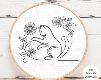 Cat & Floral Embroidery Pattern: Beginner DIY (PDF Download)