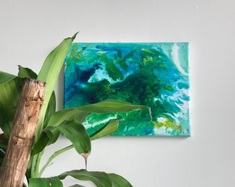 Nature abstract acrylic painting, original modern sea ocean art, contemporary trees plants painting, living room home decor, green glue aqua