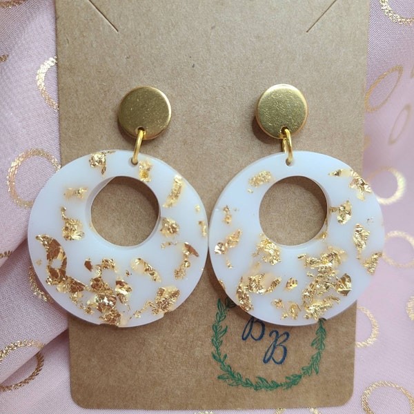 Handmade Gold Flakes Resin Earrings, White and Gold Resin Earrings, White and Gold Earrings, Gifts for her, Round Resin Earrings