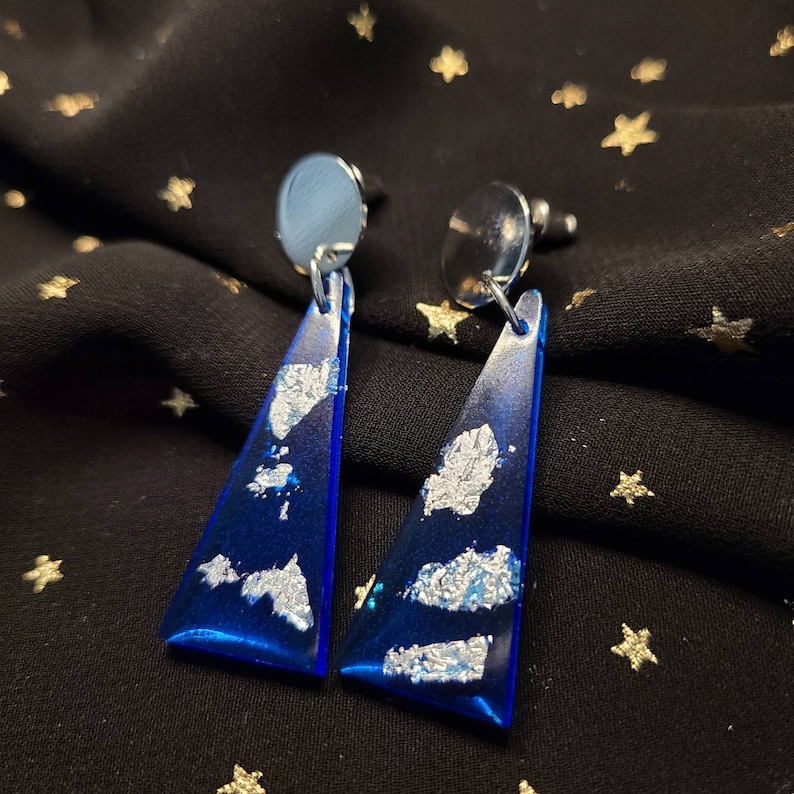 Silver Flakes Earrings Triangle Earrings Blue and Silver Triangle Resin Earrings Blue Triangle Earrings Blue Triangle Resin Earrings