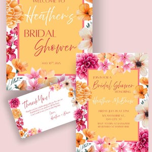 Editable Orange and Pink Floral Bridal Shower Invitation Suite | Canva Template | Bright Floral Invite | Instant Download