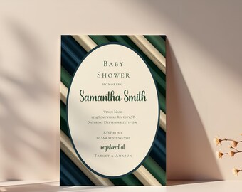 Navy & Green Stripe Baby Shower Invitation – Editable Canva Template (Digital Download)