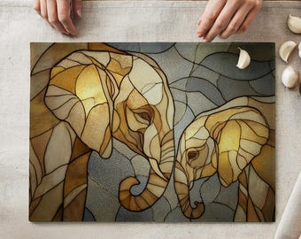 Stained Glass Elephant Cutting Board Mom and Baby Elephant Gift Decorative Glass Cutting Board Elephant Kitchen Decor Elephant Lover Gift
