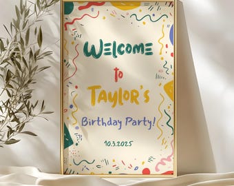 Colorful Classic Editable Birthday Party Welcome Sign, Bright and cheerful Invitation, Printable Canva Template, Instant Download