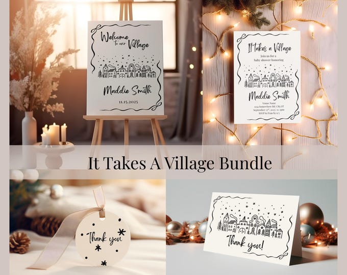 Featured listing image: It takes a Village Winter Baby Shower Bundle: Gender Neutral, Editable Canva Template | Invitation, Large Welcome Sign, Thank you Card, Tags