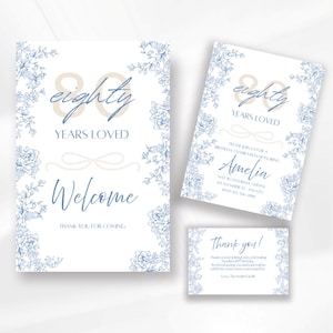 Plantilla de invitación para 80 cumpleaños / Conjunto de invitaciones florales editables / Letrero de bienvenida azul y blanco + Tarjeta de agradecimiento / Descarga instantánea