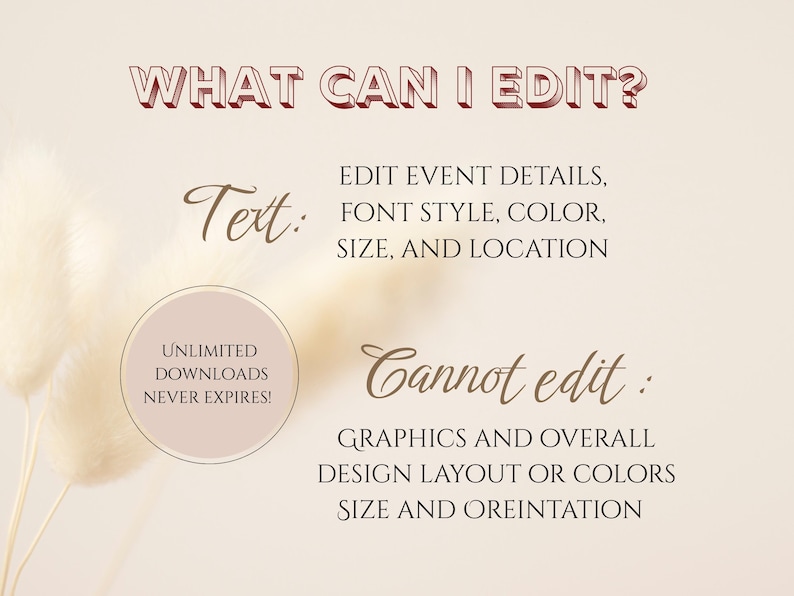 May include: A beige graphic with text in burgundy and brown. The text reads "WHAT CAN I EDIT?" and lists editable elements like event details, font style, color, size, and location. It also states what cannot be edited: graphics, design layout, colors, size, and orientation.
