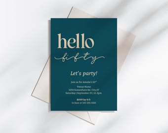 Invitación moderna para el 50 cumpleaños, invitación minimalista en color turquesa y dorado, invitación para celebrar los cincuenta, plantilla elegante y editable de Canva.