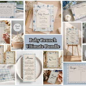 May include: A collection of baby brunch stationery items in a blue and white gingham pattern. Includes invitations, recipe cards, advice cards, a menu, and thank you tags. The words "Baby Brunch Ultimate Bundle" are displayed.