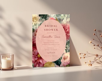 Modèle de toile modifiable d'invitation de douche nuptiale floral de dahlia, invitation élégante de douche de mariage, brunch de garden-party de fleurs sauvages