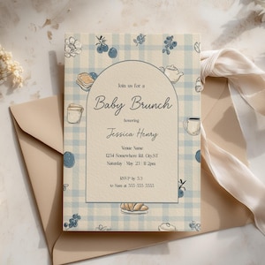Baby Brunch Shower Invitation for Boy, Blue Plaid Baby Shower Invite, Editable Canva Template, Printable Instant Download, Boy Brunch Party