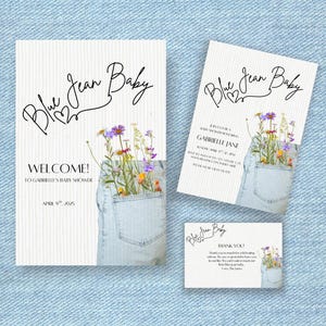 Edytowalny zestaw zaproszeń na baby shower w kolorze niebieskiego jeansu – szablon Canva | Zaproszenie na baby shower w stylu jeansu + karta z podziękowaniami + tabliczka powitalna