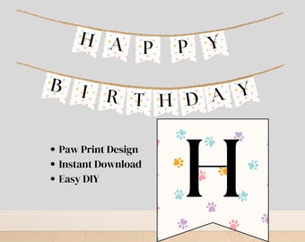 Banner de cumpleaños con huellas de patas: Decoración editable para fiesta canina (Plantilla de Canva, guirnalda imprimible DIY)