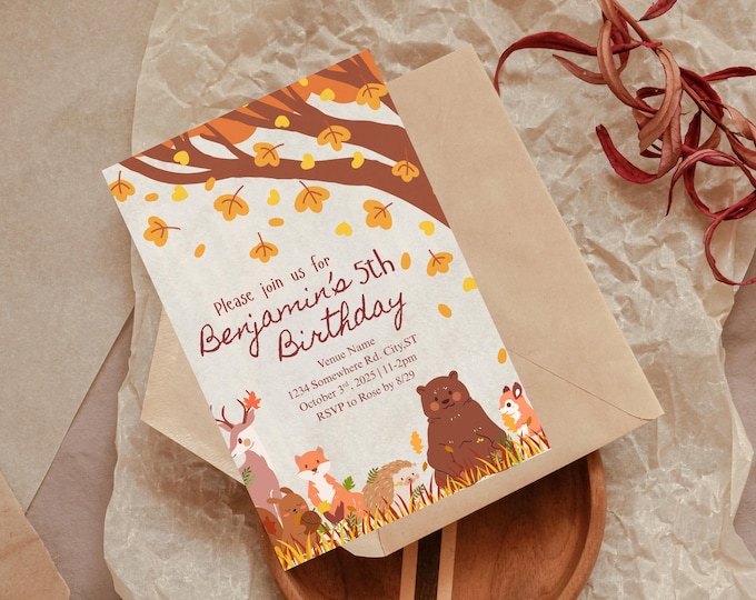 Featured listing image: Woodland Fall Birthday Invitation | Forest Animal Kids Party Invite | Printable Canva Template for Boy or Girl | Editable Instant Download