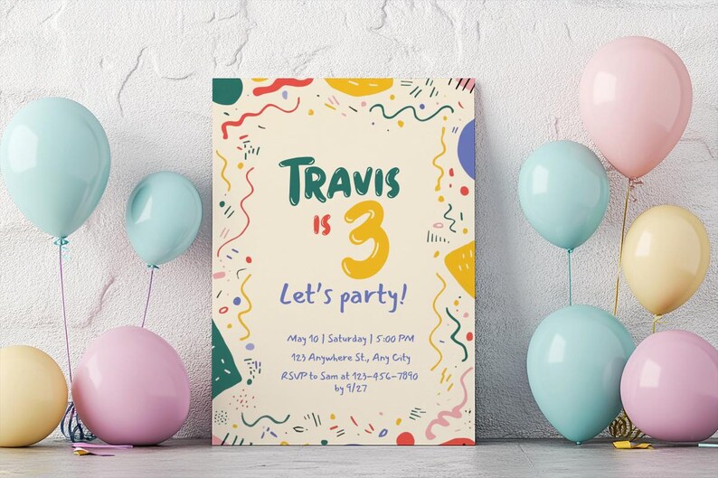 May include: A birthday party invitation with the text "Travis is 3, Let's party!" surrounded by colorful confetti and shapes. Pastel blue, pink, and yellow balloons are arranged around the invitation, creating a festive atmosphere.