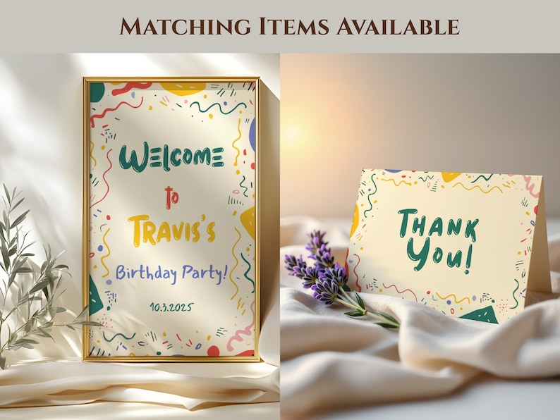 May include: A framed sign and a card with party-themed designs. The sign reads "Welcome to Travis's Birthday Party!" with the date 10.3.2025. The card says "Thank You!" with colorful accents. A sprig of lavender is next to the card.