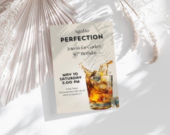 50e verjaardagsuitnodiging voor hem, bewerkbare Canva-uitnodiging, whiskyverjaardag tot in de perfectie verouderd, verjaardagsuitnodiging voor heren - Instant Download