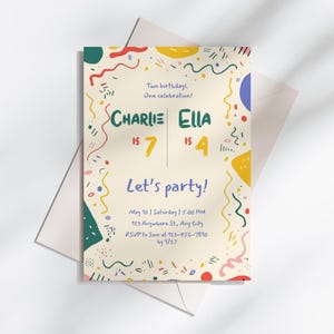 Może przedstawiać: Kolorowe zaproszenie na przyjęcie urodzinowe z imionami "Charlie" i "Ella" oraz ich wiekiem, odpowiednio 7 i 4 lata. Zaproszenie zawiera tekst "Let's party!" oraz szczegóły wydarzenia. Projekt zawiera konfetti i elementy dekoracyjne.