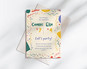 Colorful Classic Editable Combined Birthday Party Invite for Siblings , Bright and cheerful Invitation, Printable Canva Template