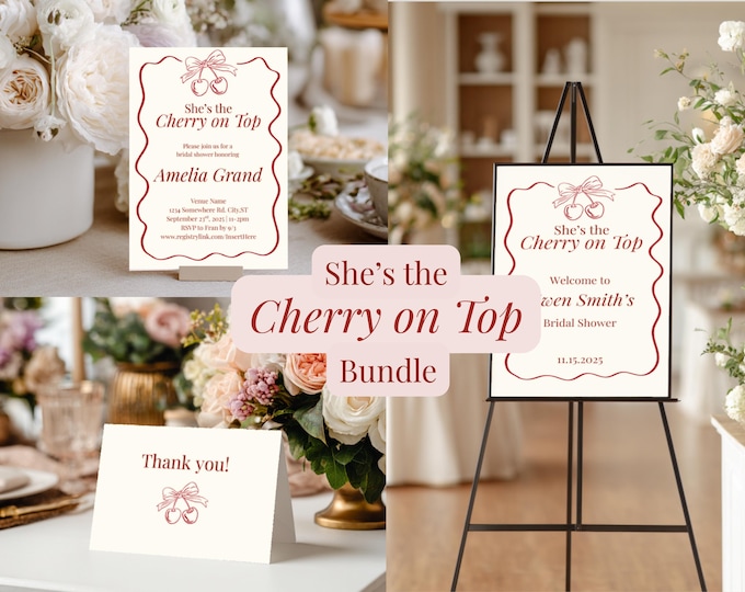 Featured listing image: She’s the Cherry on Top Bridal Shower Invitation Bundle | Pink and Red Editable Canva Template | Welcome Sign, Invite & Thank You Card