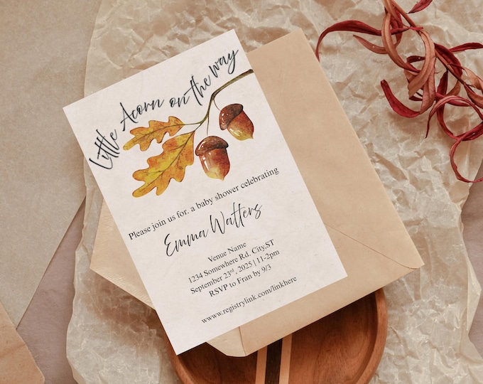 Featured listing image: Little Acorn on the Way Fall Baby Shower Invitation | Fall-Themed Editable Template | Autumn Baby Invite Theme | Gender Neutral Fall Shower