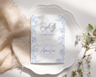 80th Birthday Invitation- Eighty Years Loved Editable Canva Template | Blue Floral Toile Grandma Birthday Party Invite | Digital Download