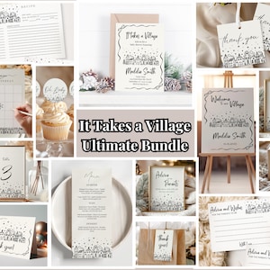 May include: A collection of stationery items with a village theme, including invitations, thank you cards, recipe cards, and signs. The designs feature a black and white illustration of a village. The text "It Takes a Village Ultimate Bundle" is displayed.