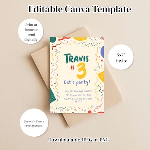 May include: A birthday party invitation template with the text "Travis is 3 Let's party!" in a colorful design. The invitation is 5x7 inches and can be printed at home or sent digitally. Downloadable as JPEG or PNG.