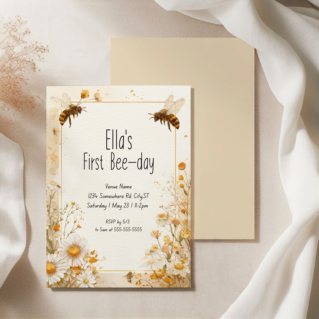 First Bee-day Birthday Invitation Canva Template, Wildflower Honey Bee ...