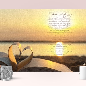 May include: A sunset scene with a book open to a page with a poem about love and destiny. The book is on a beach with a heart shape made from the pages. The poem reads "Our Story" and includes the lines "Some say it's purely random, Others believe in grand design, I just know I saw my destiny with one look into your eyes."