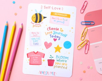 Self-Love Sticker Sheet | 10 Matte Stickers | Affirmations, Positive, Motivational, Self-Care | Journal, Planner, Sketchbook Stickers