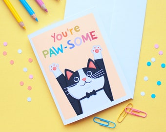 Greeting Card - Pawsome Cat | Blank Folded Greeting Card | Birthday Card | Punny Cute Card | All Occasion Card