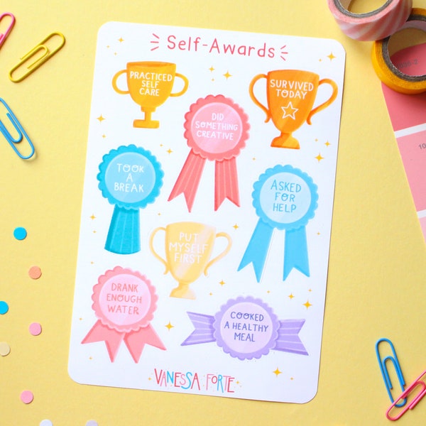Self-Awards Sticker Sheet | 8 Matte Stickers | Affirmations, Accomplishments, Motivational | Journal, Planner, Sketchbook Stickers