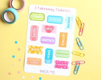 Takeaway Tickets Sticker Sheet | 12 Matte Stickers | Affirmations, Positive, Motivational | Journal, Planner, Sketchbook Stickers