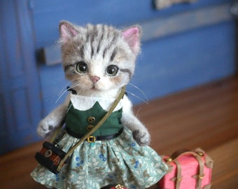 Antique style miniature kitten doll wool felt custom made Comes with 4 leather accessories