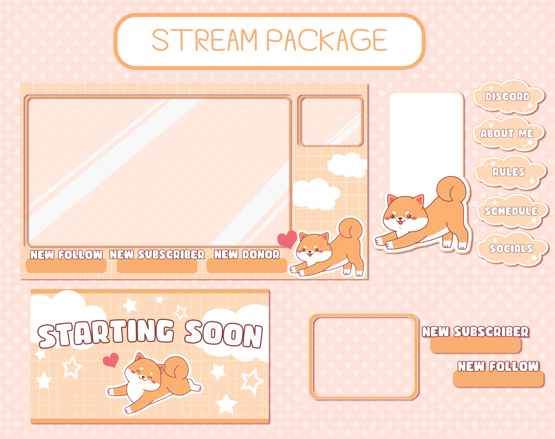Kawaii Shiba | Twitch Stream Bundle Package | Overlays, Panels, VTuber, Layouts