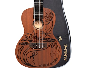 Alkemi Ukulele  23" Concert Etched Lotus All Mahogany with Quality Gigbag