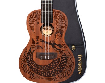 Alkemi Concert Ukulele 23" Etched Mermaid All Mahogany with Quality Gigbag