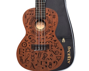 Alkemi Ukulele  23" Concert Etched Music All Mahogany with Quality Gigbag