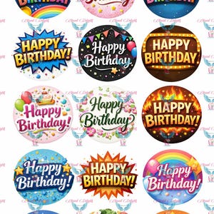 Könnte beinhalten: Eine Sammlung runder Designs zum Thema Geburtstag. Jedes Design zeigt die Worte "Happy Birthday" in verschiedenen Schriftarten und Stilen. Die Designs enthalten dekorative Elemente wie Ballons, Sterne und Flammen, die eine festliche Atmosphäre schaffen.