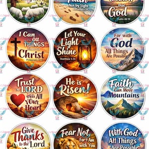 May include: A collection of twelve round religious-themed images. Each image features inspirational text and illustrations, including a shepherd with sheep, a cross, a lantern, a lion, and landscapes. The text includes phrases like "The Lord is My Shepherd" and "Fear Not."