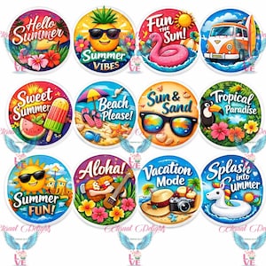 May include: A set of twelve circular stickers with bright summer designs. Each sticker has a different illustration and text, such as "Hello Summer," "Summer Vibes," and "Beach Please!" The designs include a pineapple, flamingo, and beach scenes, perfect for summer.