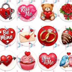 May include: A collection of Valentine's Day themed illustrations. Includes a heart-shaped lock and key, a heart with "Kiss Me" text, a teddy bear holding a heart, a bouquet of roses, a heart with "Be Mine" text, an envelope with a heart, wedding rings, a chocolate-covered strawberry, a heart pierced by an arrow, a cupcake, a heart with "You & Me" text, and two lovebirds.