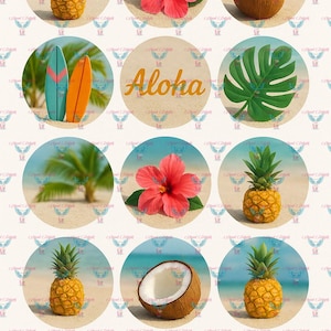 May include: A collection of circular images featuring tropical themes. Includes a pineapple, a red hibiscus flower, a coconut with a cocktail umbrella, surfboards, a large green leaf, and the word "Aloha". The background suggests a beach setting.