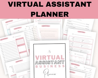 May include: A printable virtual assistant business planner with pink accents. The planner includes sections for business goals, client goals, daily schedule, and more.