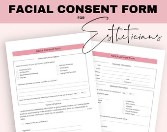 Samtyckesblankett för ansiktsbehandling, digital nedladdning, digitalt intagningsformulär, klientintagningsformulär, hudterapeutens intagningsformulär, spa-klientens samtyckesblankett