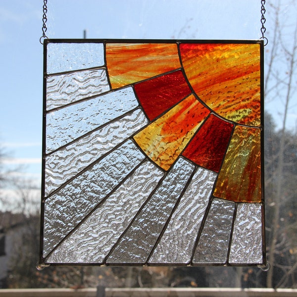 Red and Orange Retro Rays Stained Glass Window Panel