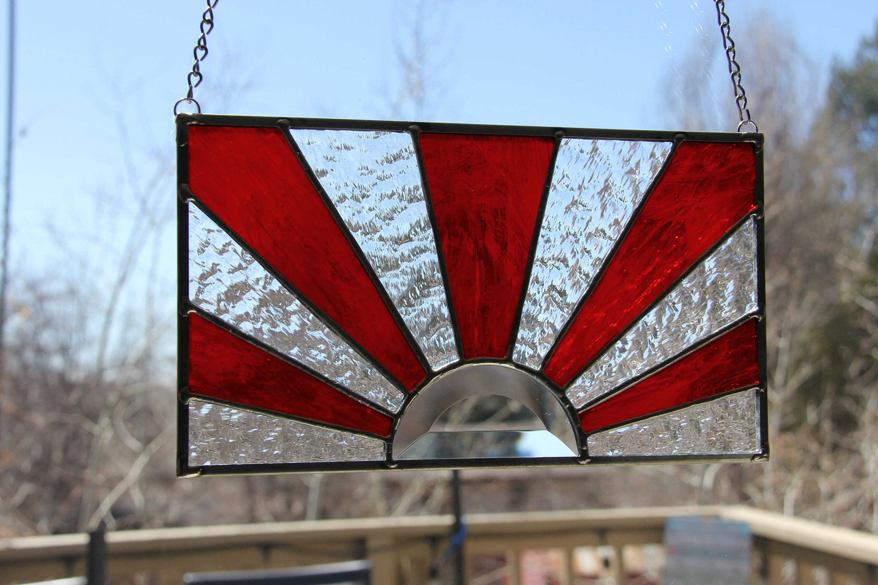 Ruby Red Sun Rays Stained Glass Panel Etsy