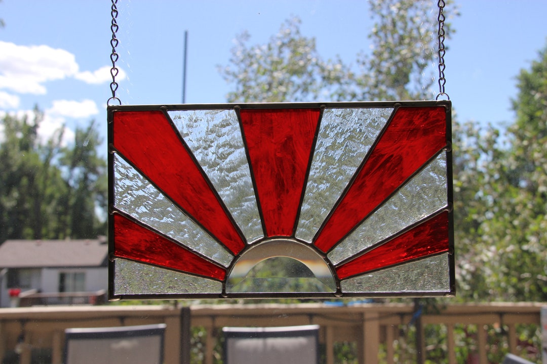 Ruby Red Sun Rays Stained Glass Panel Etsy